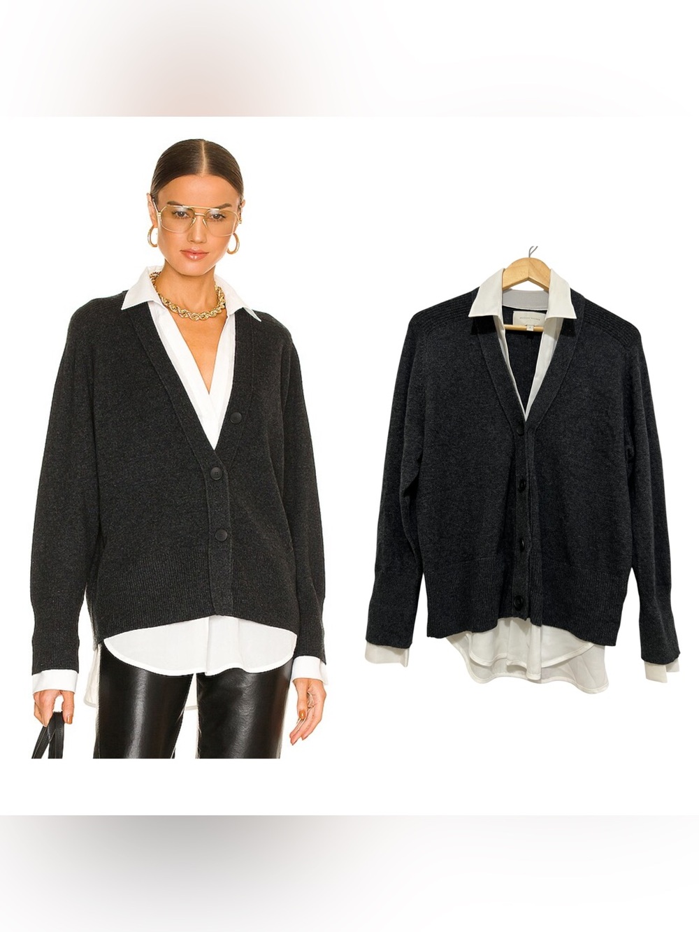 Brochu Walker The Callie Layered Looker Wool/Cashmere Cardigan Black/White Small